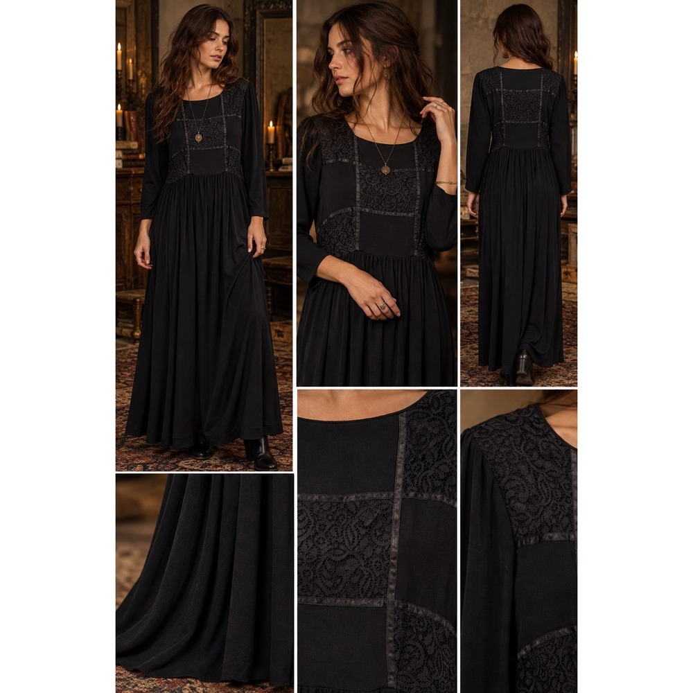 Vtg Dark Cottagecore Susan Bristol Maxi Dress Womens 16 Whimsigoth Lace witchy